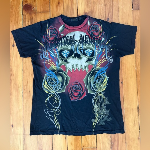 Christian Audigier Los Angeles Skull And Roses Rhinestone Men’s Large RN 119418 - Picture 1 of 7